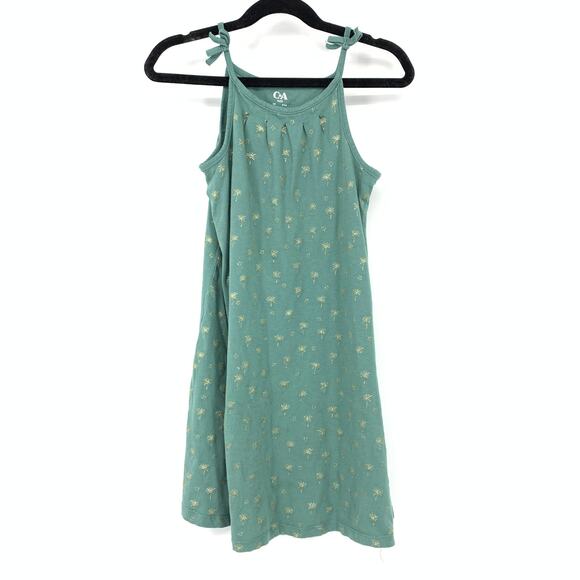 C&A Sleeveless Cami Sundress Girls Size 8 Green Gold Palm Trees - Picture 1 of 6